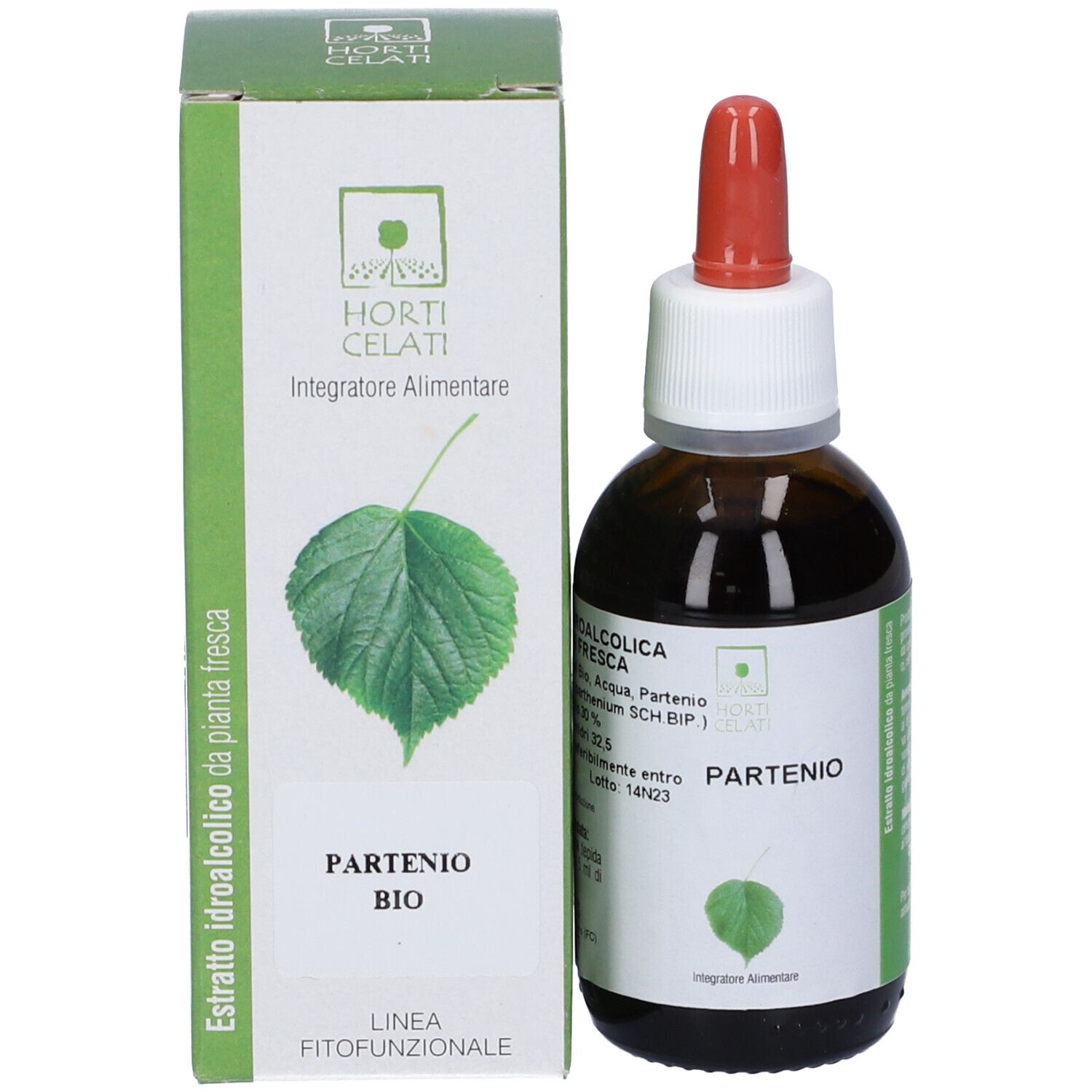 Flacone e confezione del prodotto. Flacone marrone con contagocce rosso. Confezione verde con nome prodotto e logo.