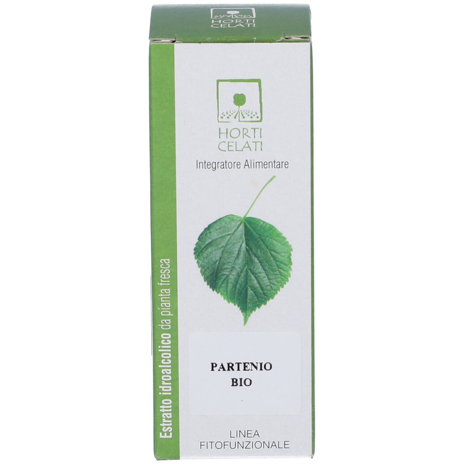 Confezione verde con nome prodotto e logo. Testo: Estratto da pianta fresca. Integratore alimentare.