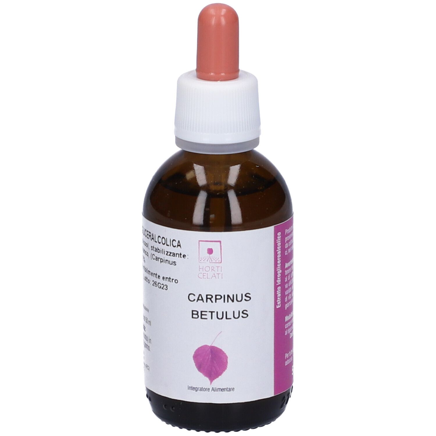 Flacone di vetro marrone con contagocce. Scritta Carpinus Betulus e logo.