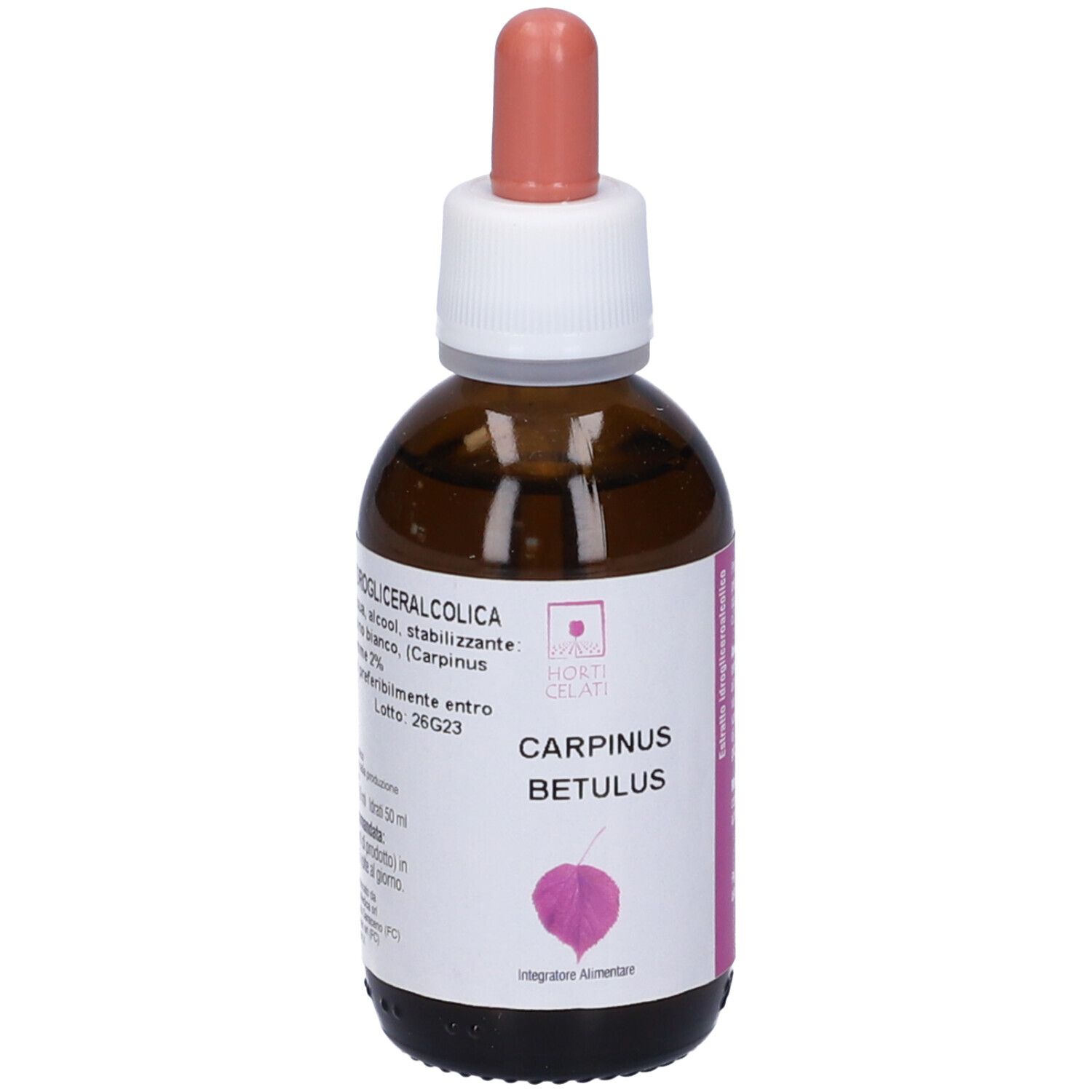 Flacone di vetro marrone con contagocce. Scritta Carpinus Betulus e logo.