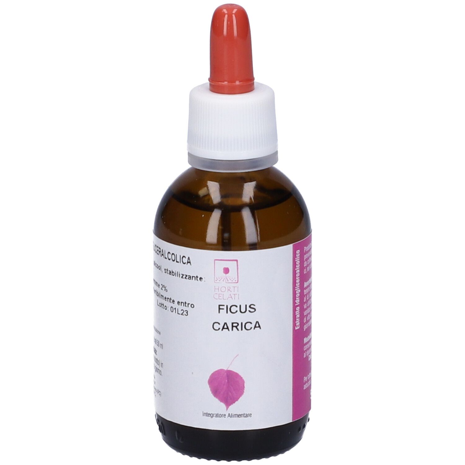 Flacone di vetro marrone con contagocce rosso. Scritta: Ficus Carica, logo, ingredienti.