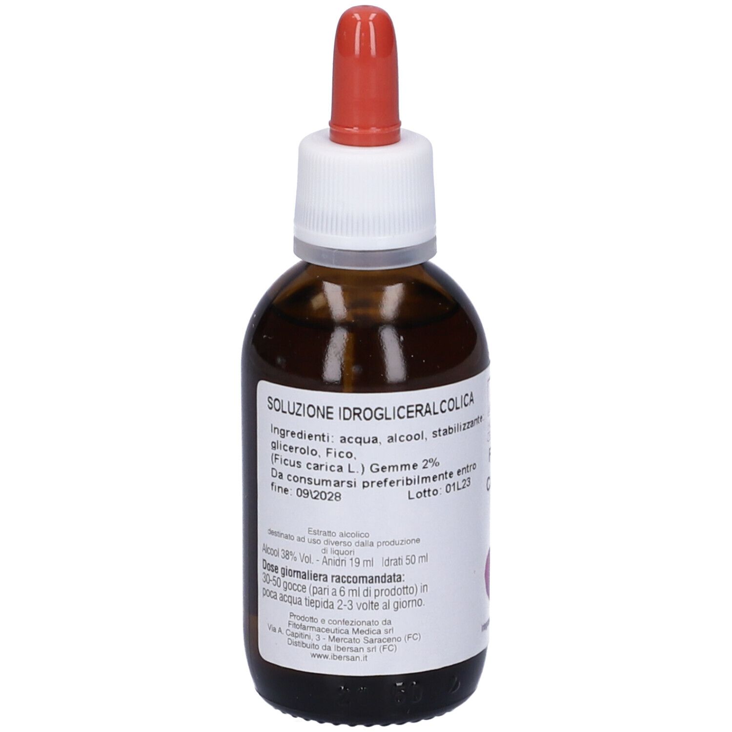 Flacone di vetro marrone con contagocce rosso. Scritta: Ficus Carica, ingredienti, dosaggio.