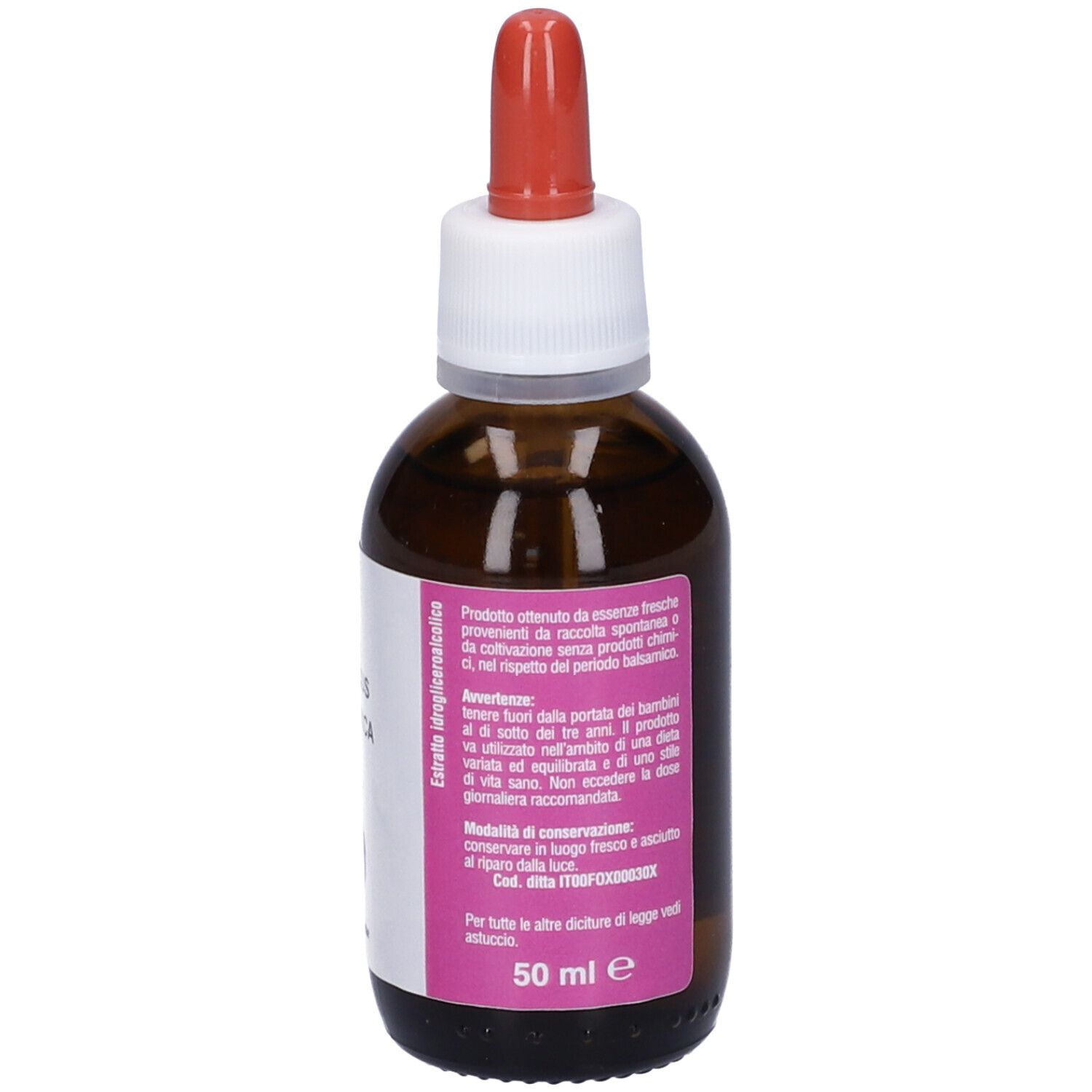 Flacone di vetro marrone con contagocce rosso. Scritta: Ficus Carica, ingredienti, avvertenze.