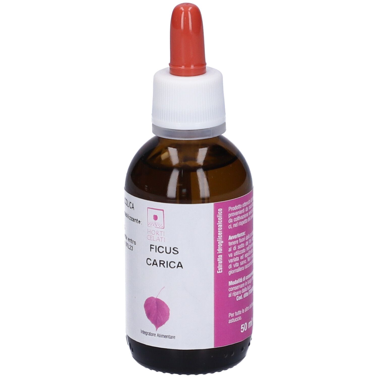 Flacone di vetro marrone con contagocce rosso. Scritta: Ficus Carica, logo, 50 ml.