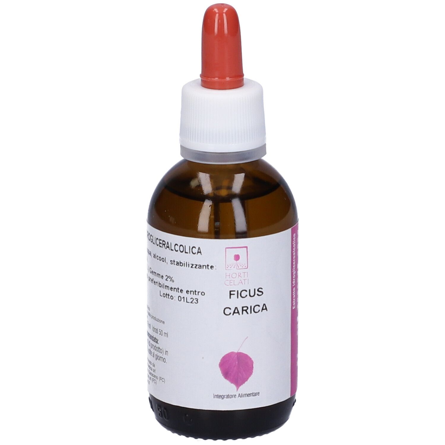Flacone di vetro marrone con contagocce rosso. Scritta: Ficus Carica, logo, ingredienti.
