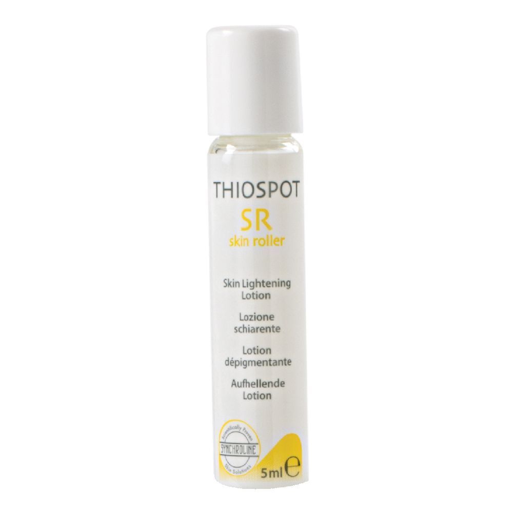 Flacone trasparente con tappo bianco. Scritta: Thiospot SR skin roller, Skin Lightening Lotion, 5ml.