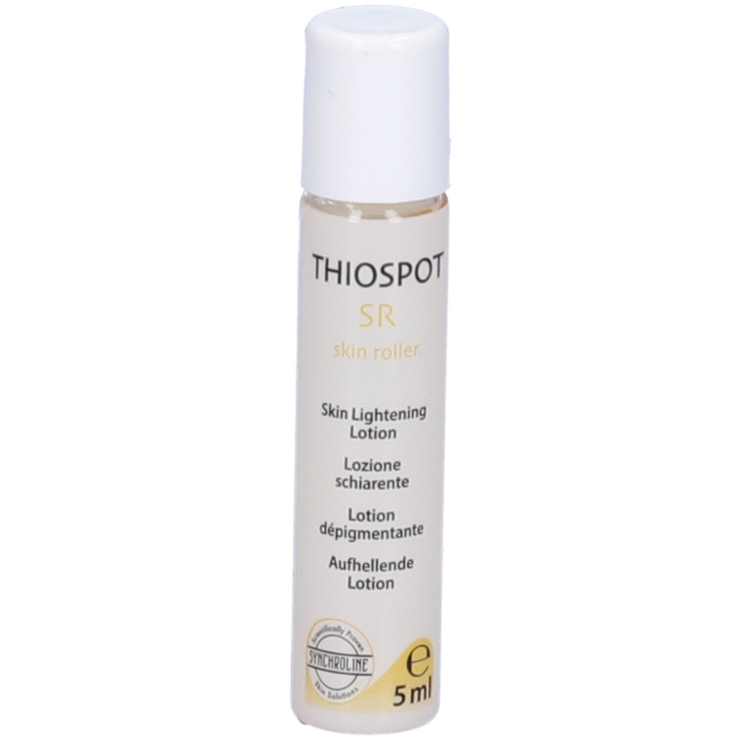 Flacone trasparente con tappo bianco. Scritta: Thiospot SR skin roller, Skin Lightening Lotion, 5ml.