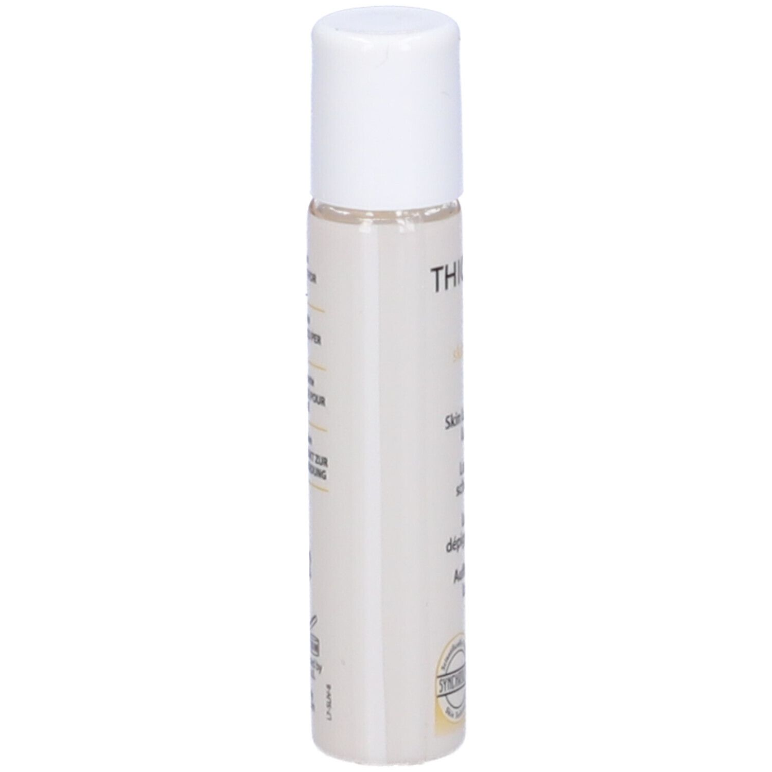 Flacone trasparente con tappo bianco. Scritta: Thiospot SR skin roller, Skin Lightening Lotion, 5ml.