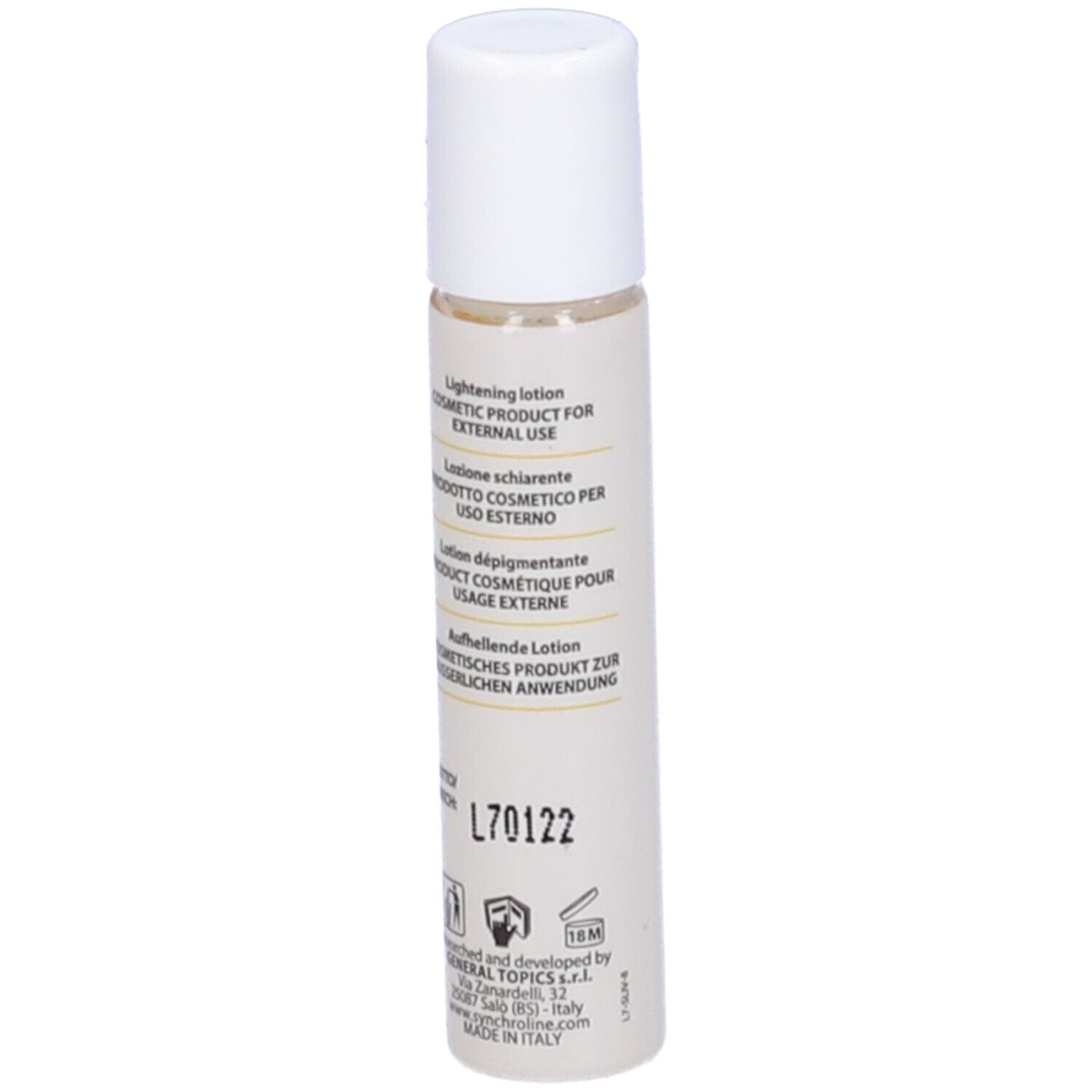 Flacone trasparente con tappo bianco. Scritta: Thiospot SR skin roller, Skin Lightening Lotion, 5ml.