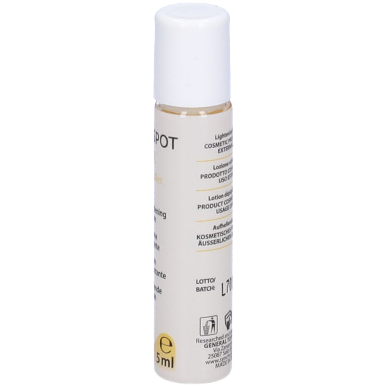 Flacone trasparente con tappo bianco. Scritta: Thiospot SR skin roller, Skin Lightening Lotion, 5ml.