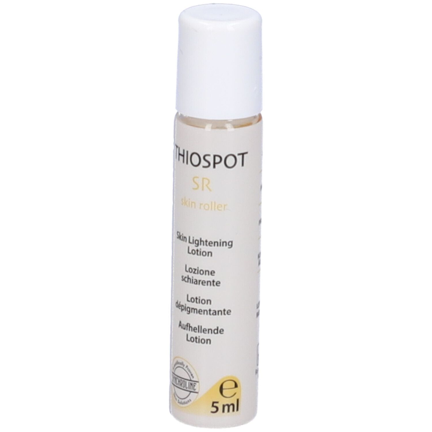 Flacone trasparente con tappo bianco. Scritta: Thiospot SR skin roller, Skin Lightening Lotion, 5ml.