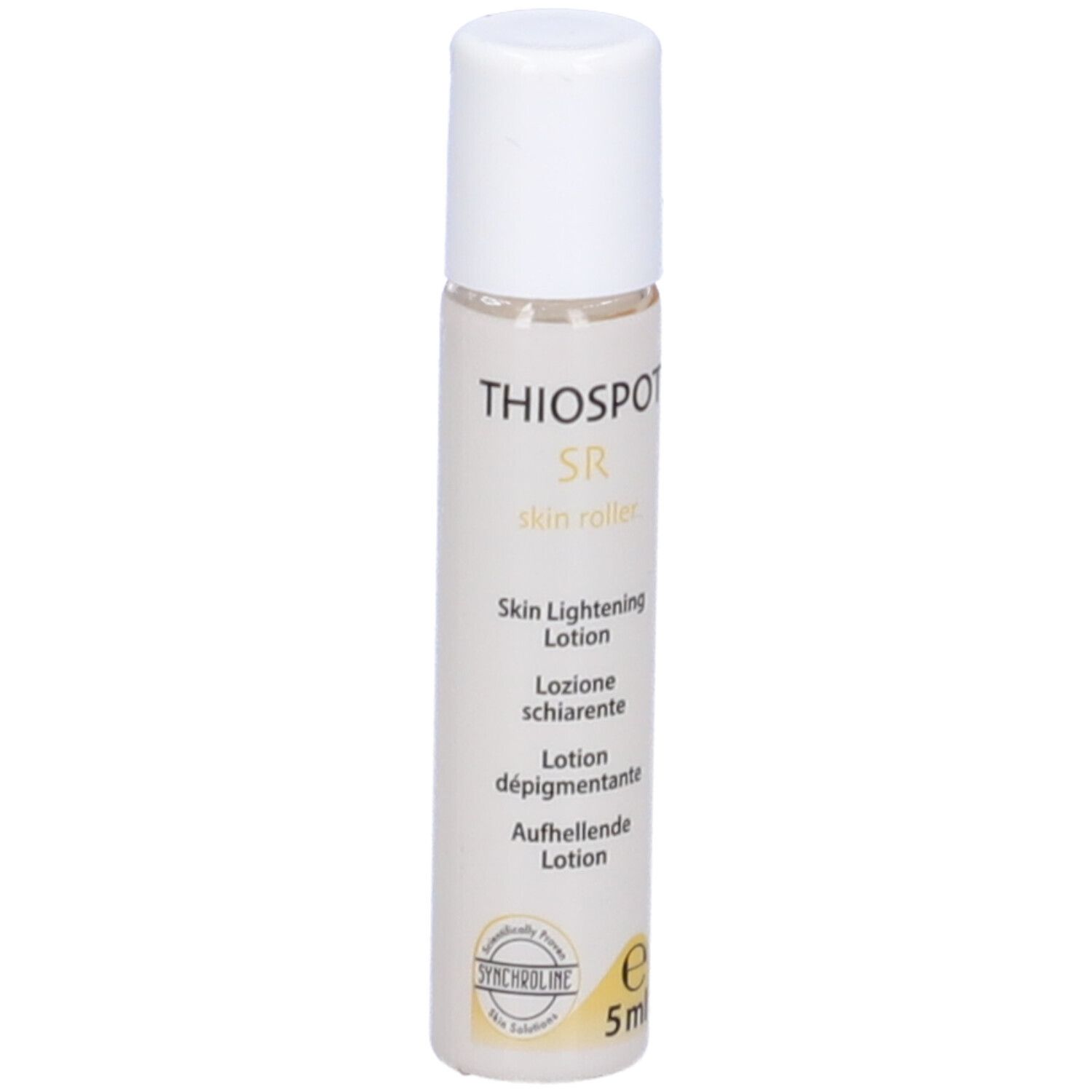 Flacone trasparente con tappo bianco. Scritta: Thiospot SR skin roller, Skin Lightening Lotion, 5ml.