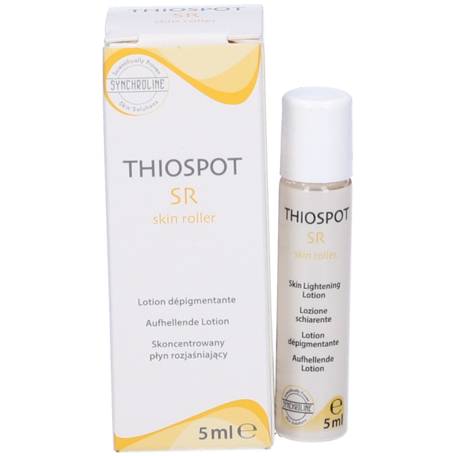 Flacone e confezione. Scritta: Thiospot SR skin roller, Skin Lightening Lotion, 5ml.