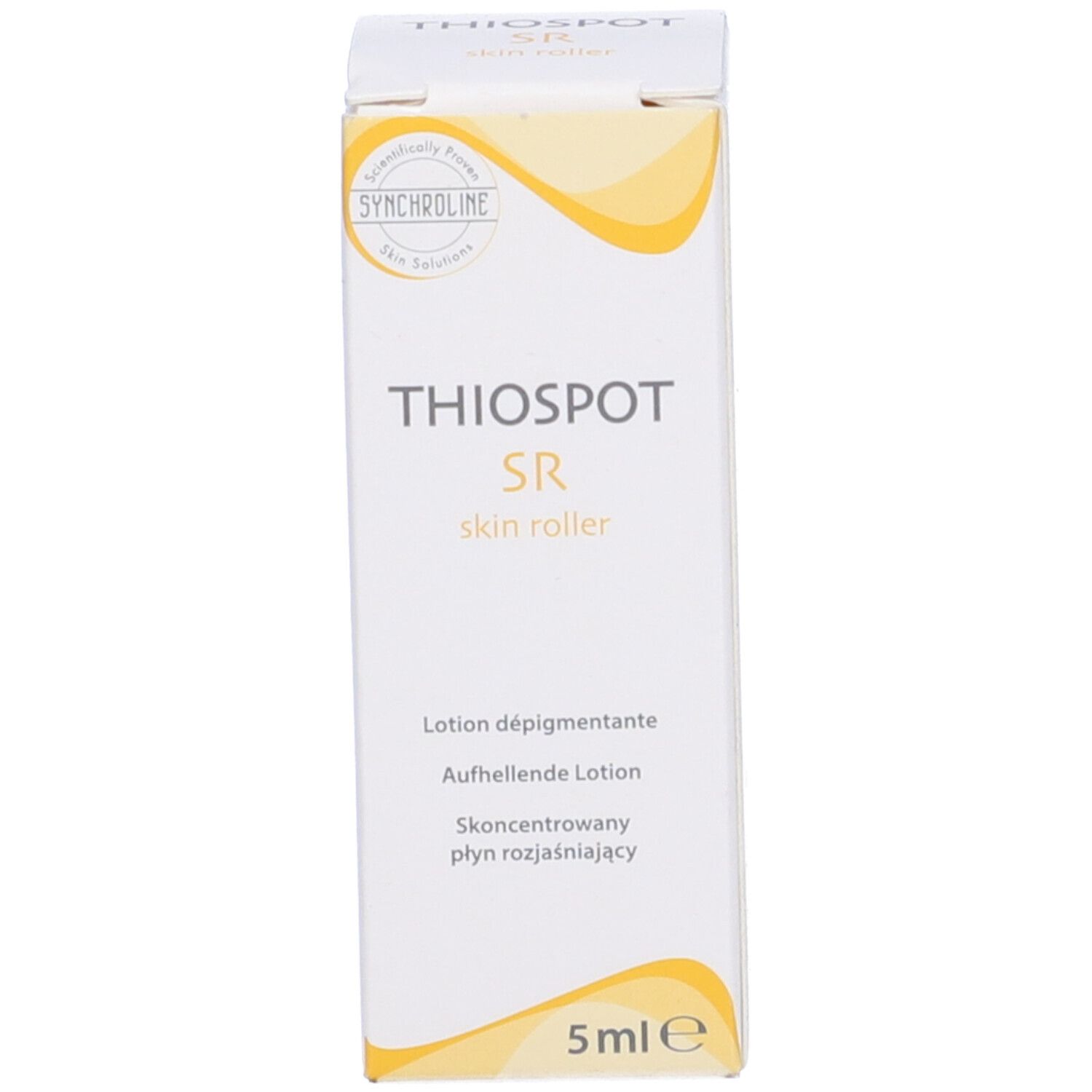 Confezione del prodotto. Scritta: Thiospot SR skin roller, Skin Lightening Lotion, 5ml.