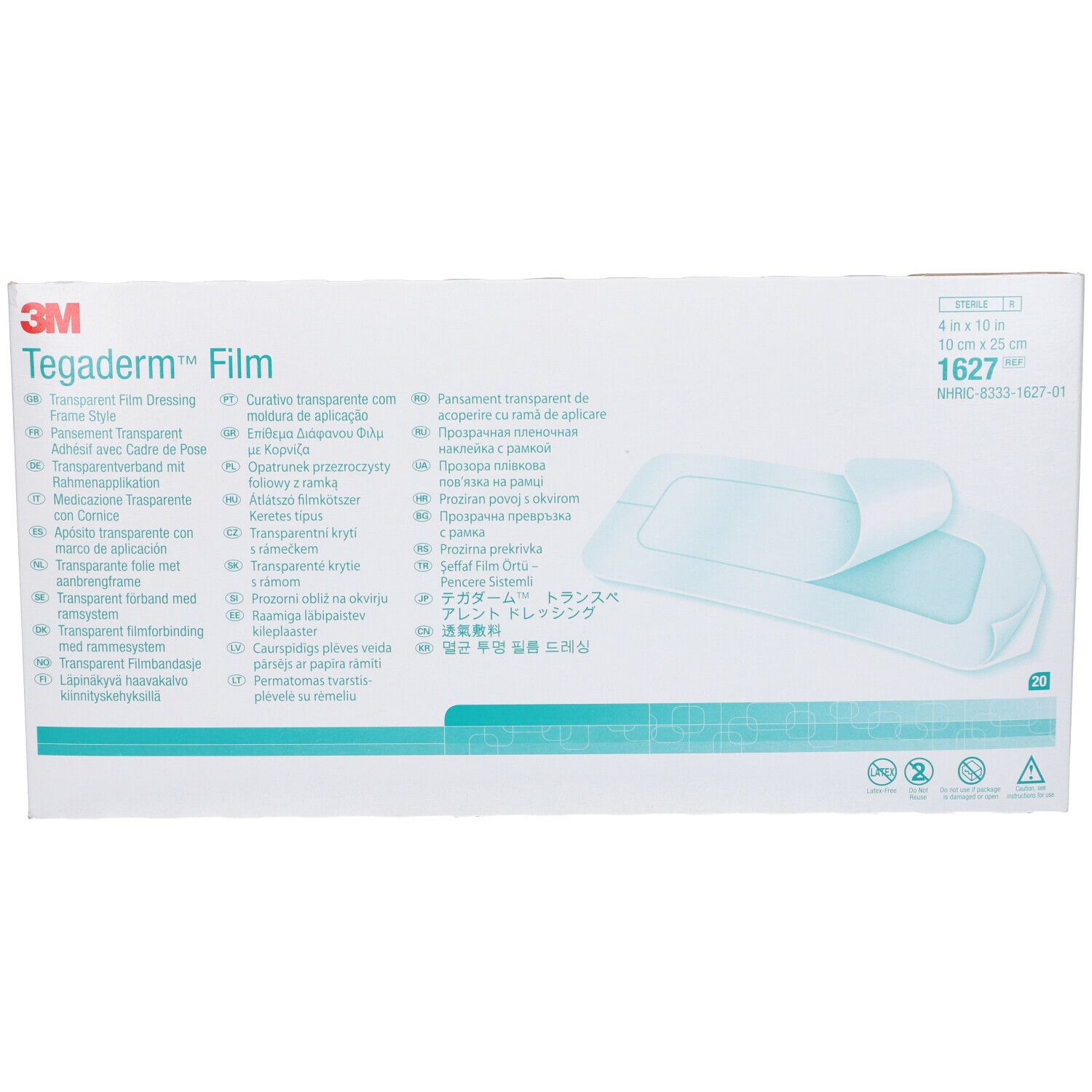 Confezione di 3M Tegaderm™ Film. Medicazioni in film trasparente. Contiene 20 pezzi. Dimensioni: 10 x 12 cm.