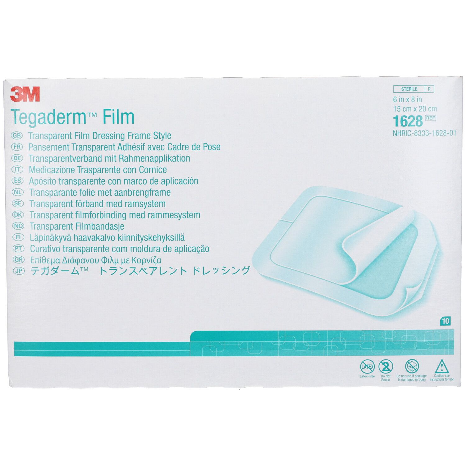 Confezione di 3M Tegaderm Film. Pellicola rettangolare, 15 x 20 cm. Confezione sterile con informazioni.