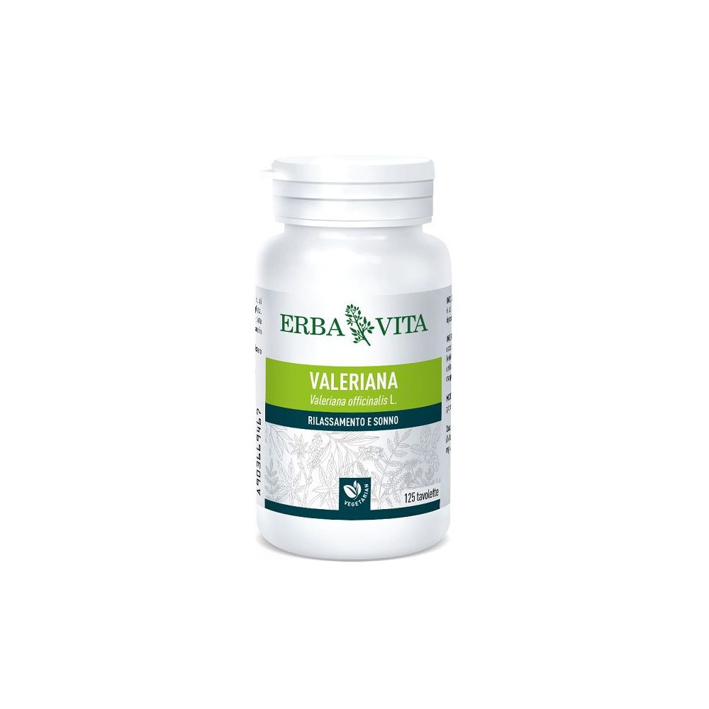 Flacone bianco con etichetta verde. Scritta: Valeriana, Erba Vita. Contiene 125 compresse.