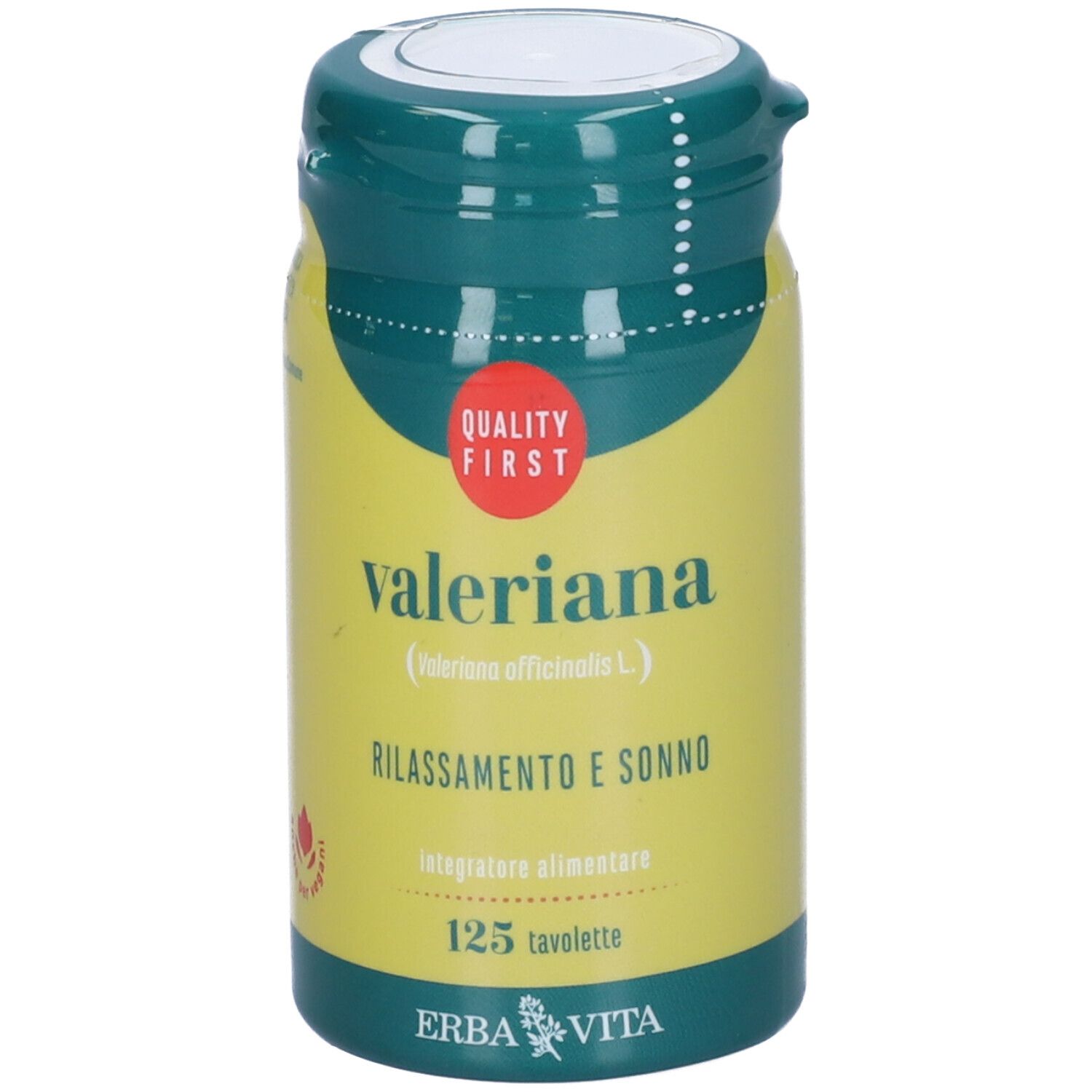 Flacone di compresse giallo-verde. Scritta: Valeriana, Erba Vita. 125 compresse. Marchio di qualità.