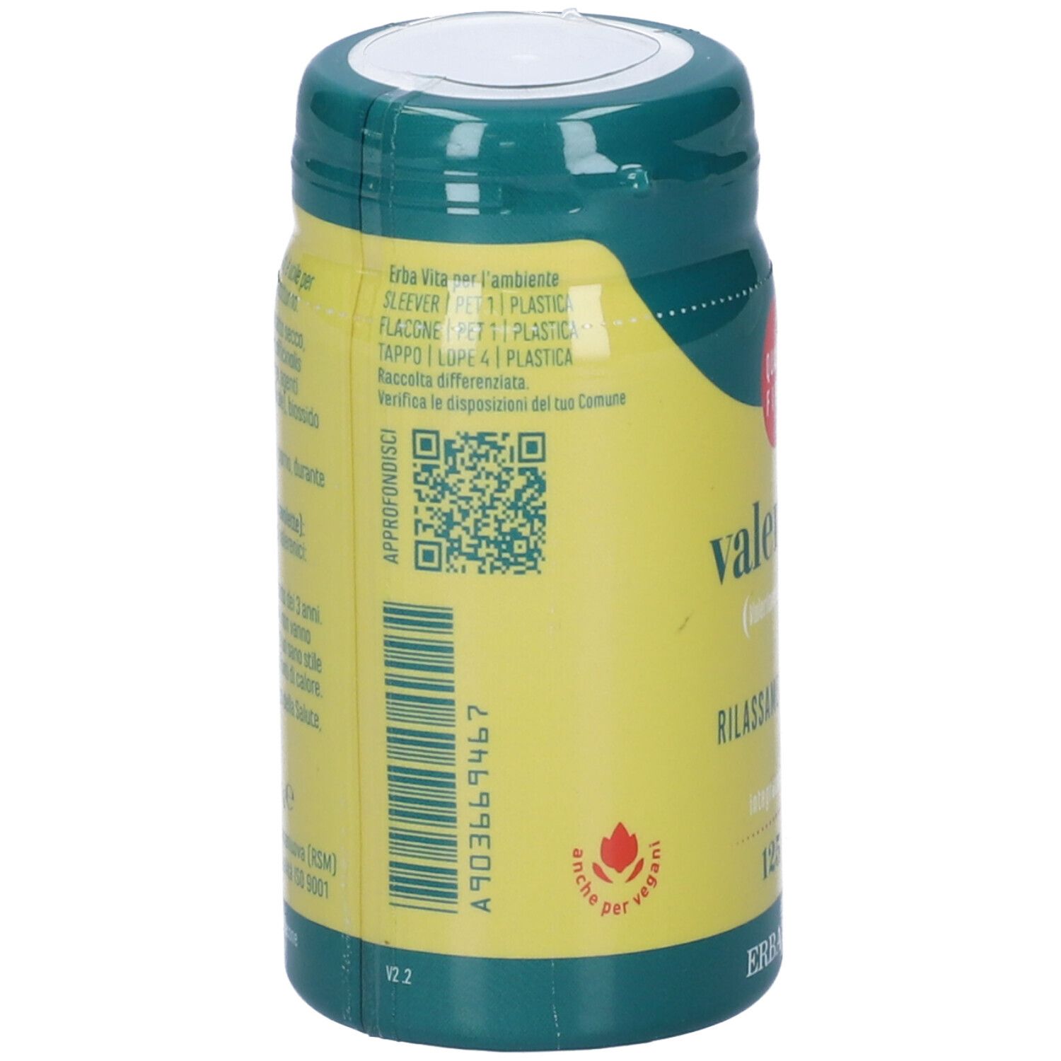 Retro del flacone di compresse giallo-verde. Codice QR e informazioni sulla composizione.
