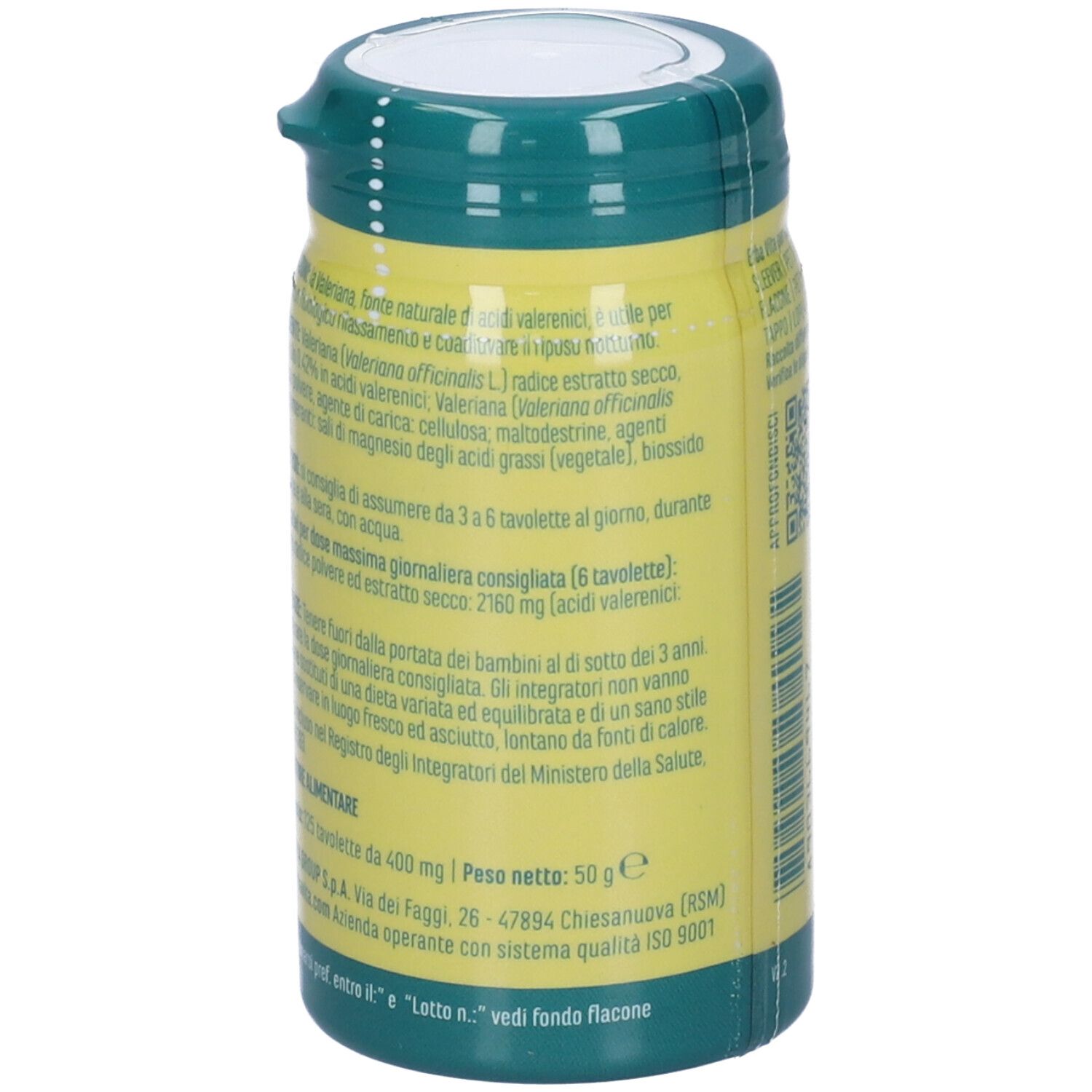 Flacone di compresse giallo-verde. Vista dettagliata con informazioni su ingredienti e uso.