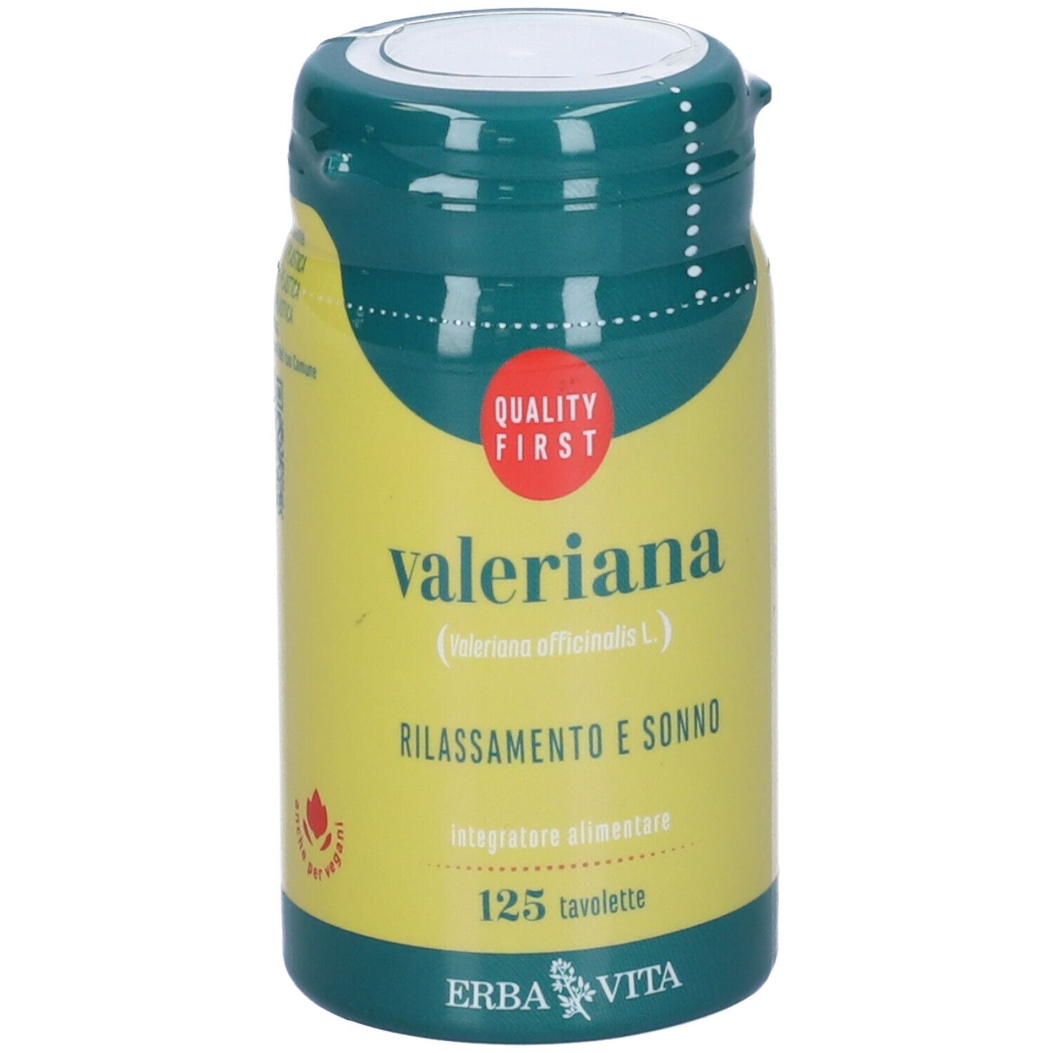 Flacone di compresse giallo-verde. Scritta: Valeriana, Erba Vita. 125 compresse. Marchio di qualità.