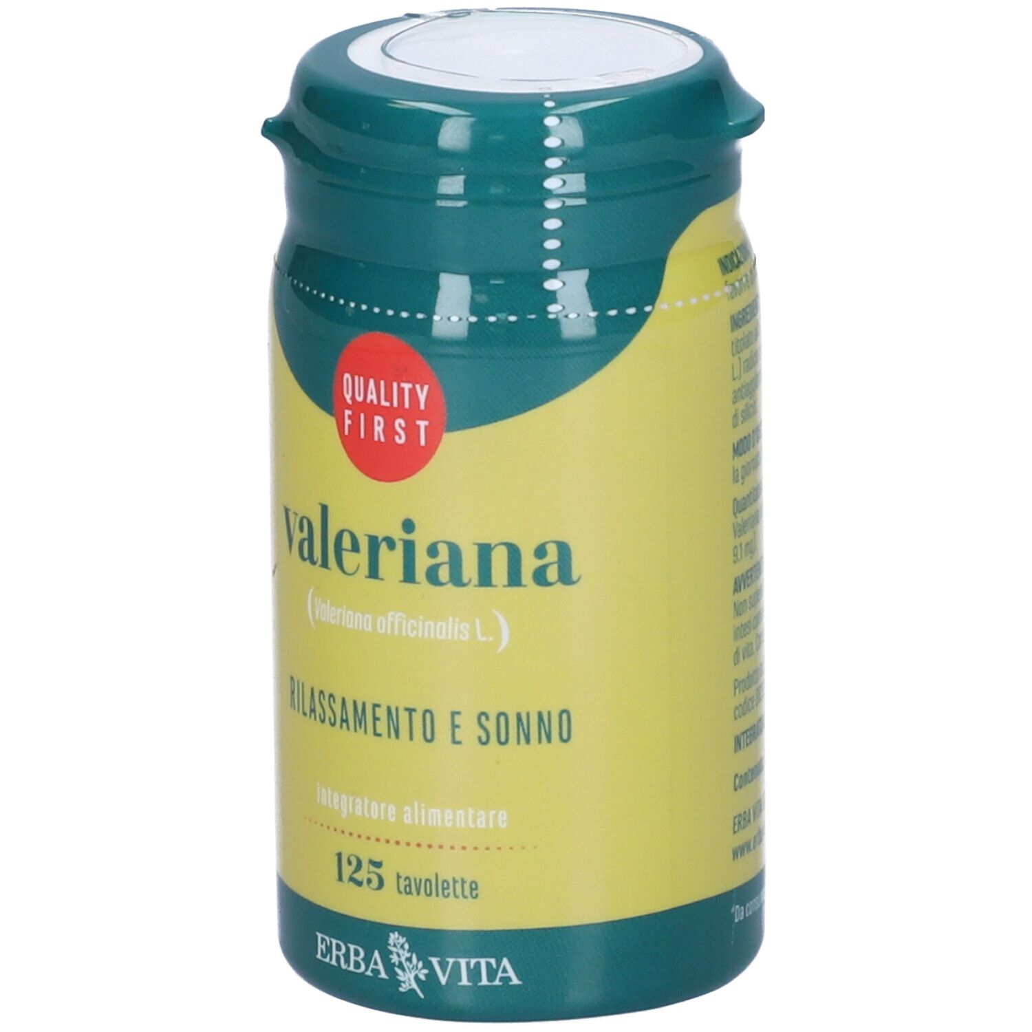 Flacone di compresse giallo-verde. Scritta: Valeriana, Erba Vita. 125 compresse. Marchio di qualità.