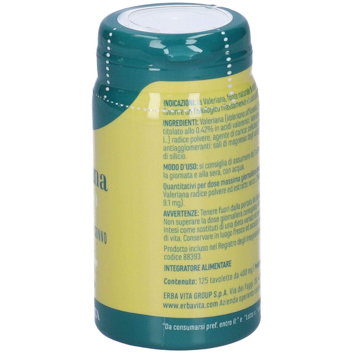Retro del flacone di compresse giallo-verde. Informazioni su ingredienti, uso e produttore.