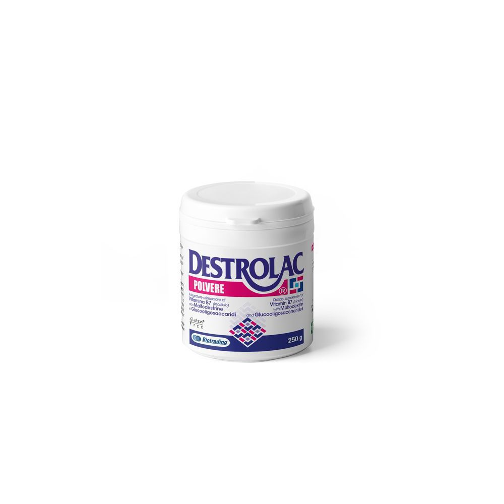 Barattolo bianco di Destrolac Polvere. Scritta: Destrolac, Polvere, 250 G. Logo e testo.