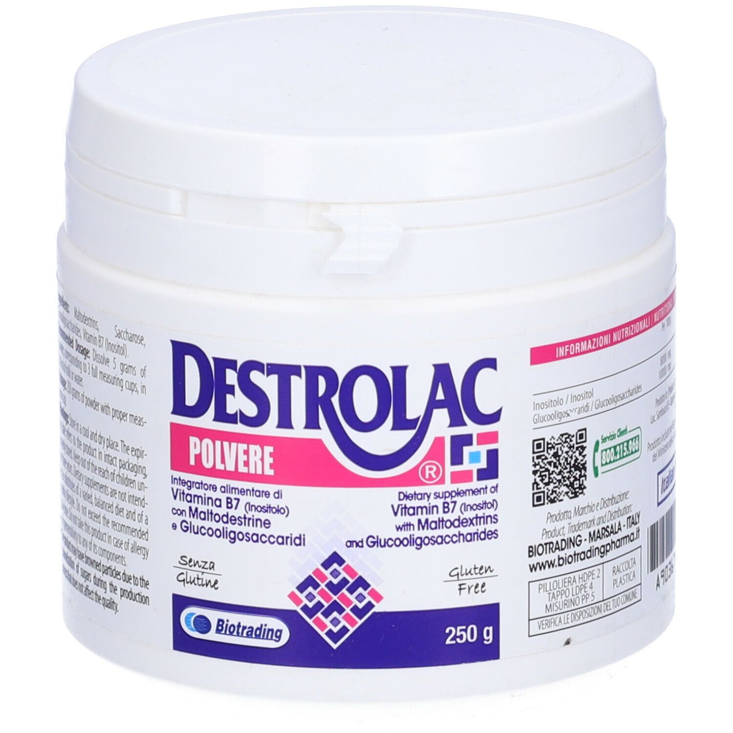 Barattolo bianco Destrolac Polvere. Scritta: Destrolac, Polvere, Vitamina B7, Senza glutine, 250 g.