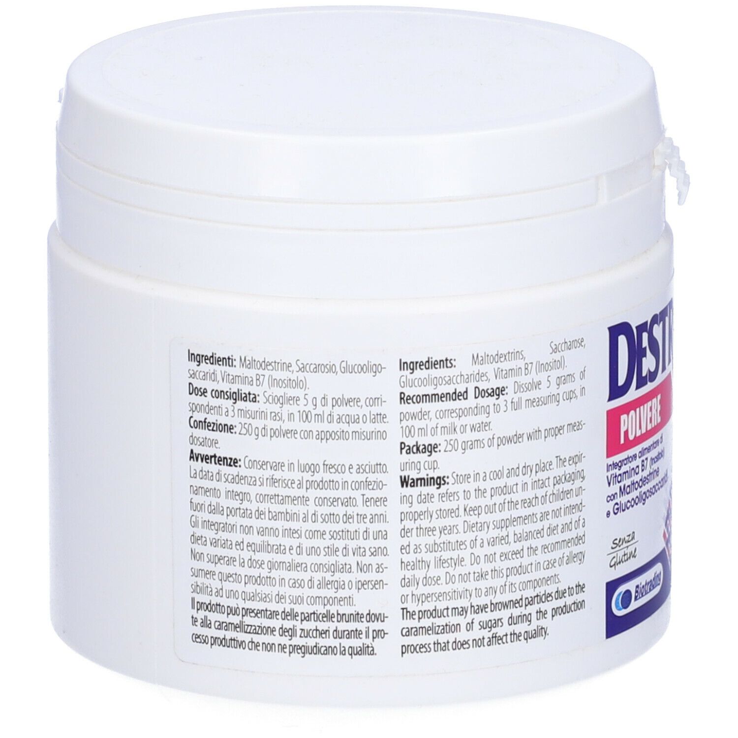 Retro del barattolo bianco Destrolac Polvere. Testo: Ingredienti, dosaggio, avvertenze, senza glutine.