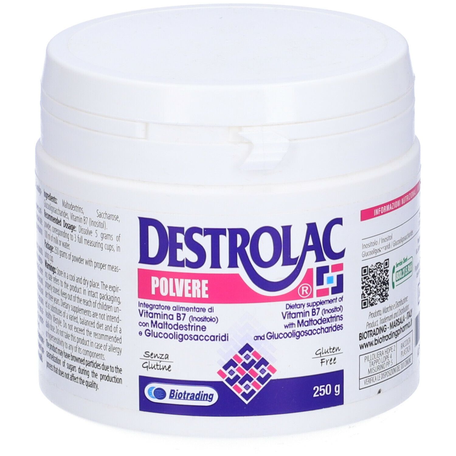 Barattolo bianco Destrolac Polvere. Scritta: Destrolac, Polvere, Vitamina B7, Senza glutine, 250 g.