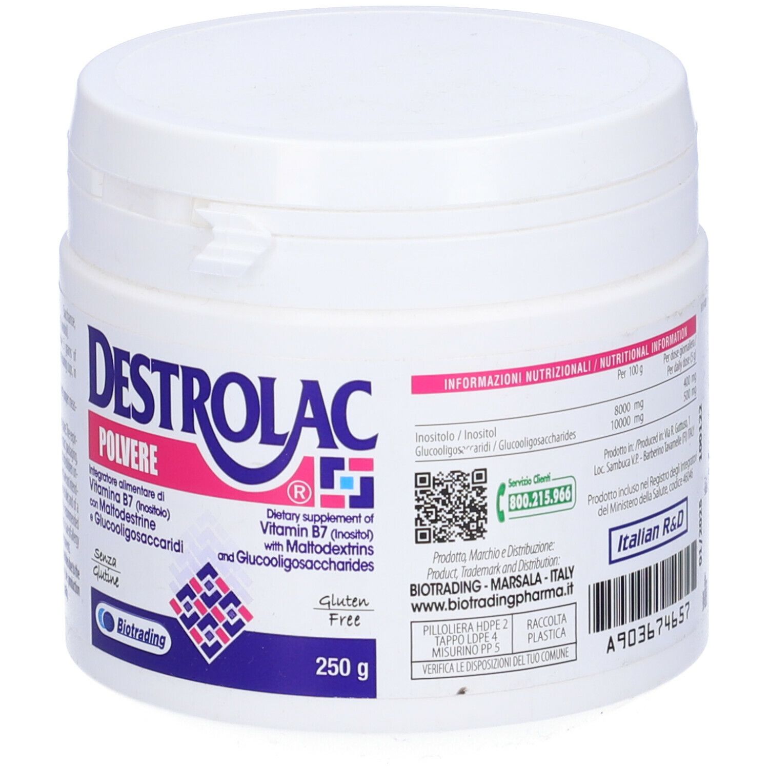 Barattolo bianco Destrolac Polvere. Scritta: Destrolac, Polvere, Vitamina B7, Senza glutine, 250 g. QR code.