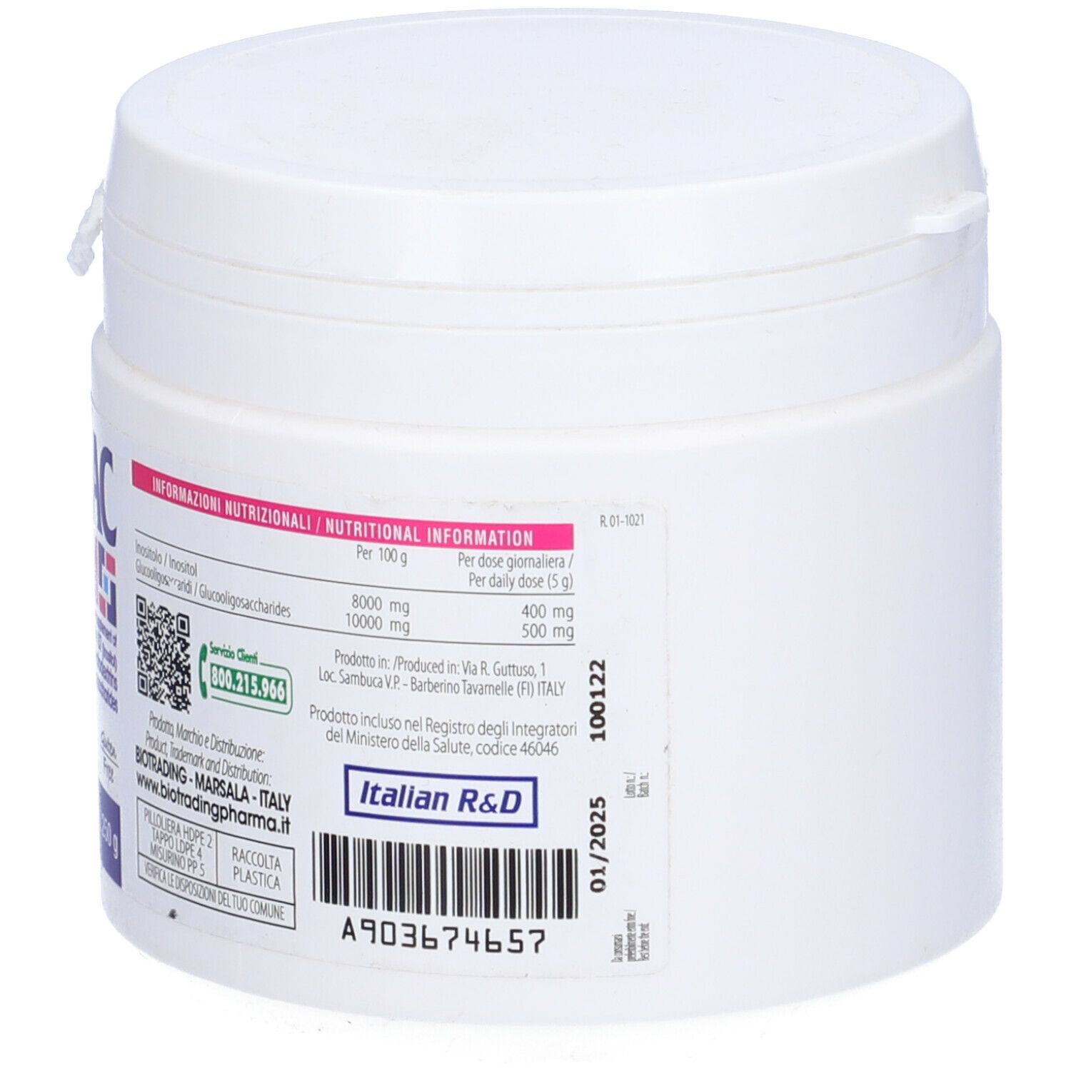 Retro del barattolo bianco Destrolac Polvere. Testo: Informazioni nutrizionali, QR code, scadenza.