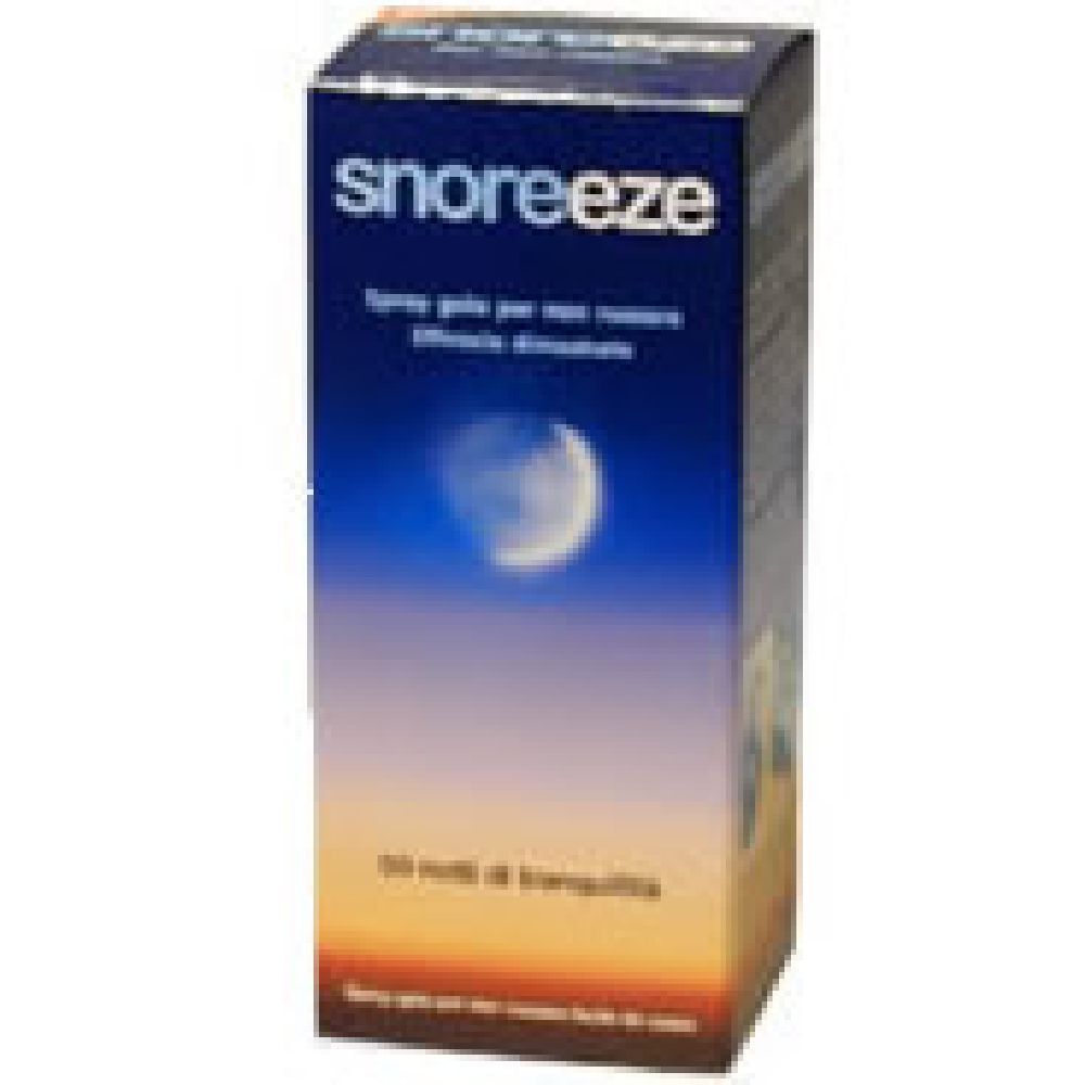 Scatola "snoreeze". Sfondo blu con luna. Testo: "Spray Gola per non russare".