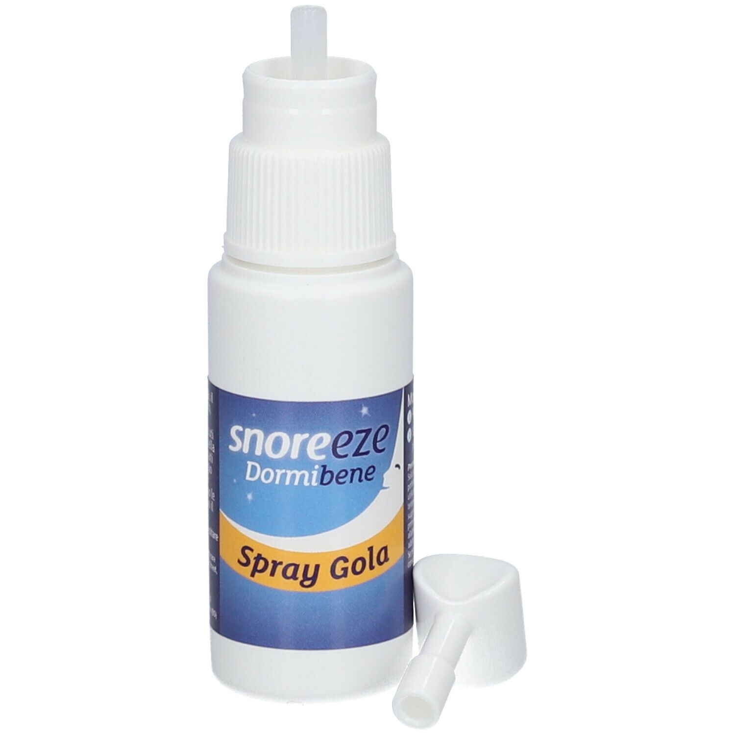 Flacone bianco con nebulizzatore e beccuccio separato. Scritta "snoreeze Dormibene Spray Gola".