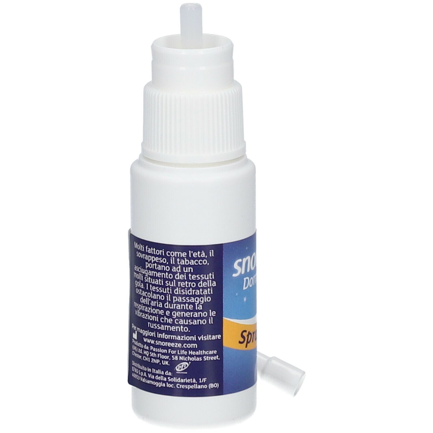 Flacone bianco con nebulizzatore e beccuccio separato. Testo: "snoreeze Dormibene Spray Gola".