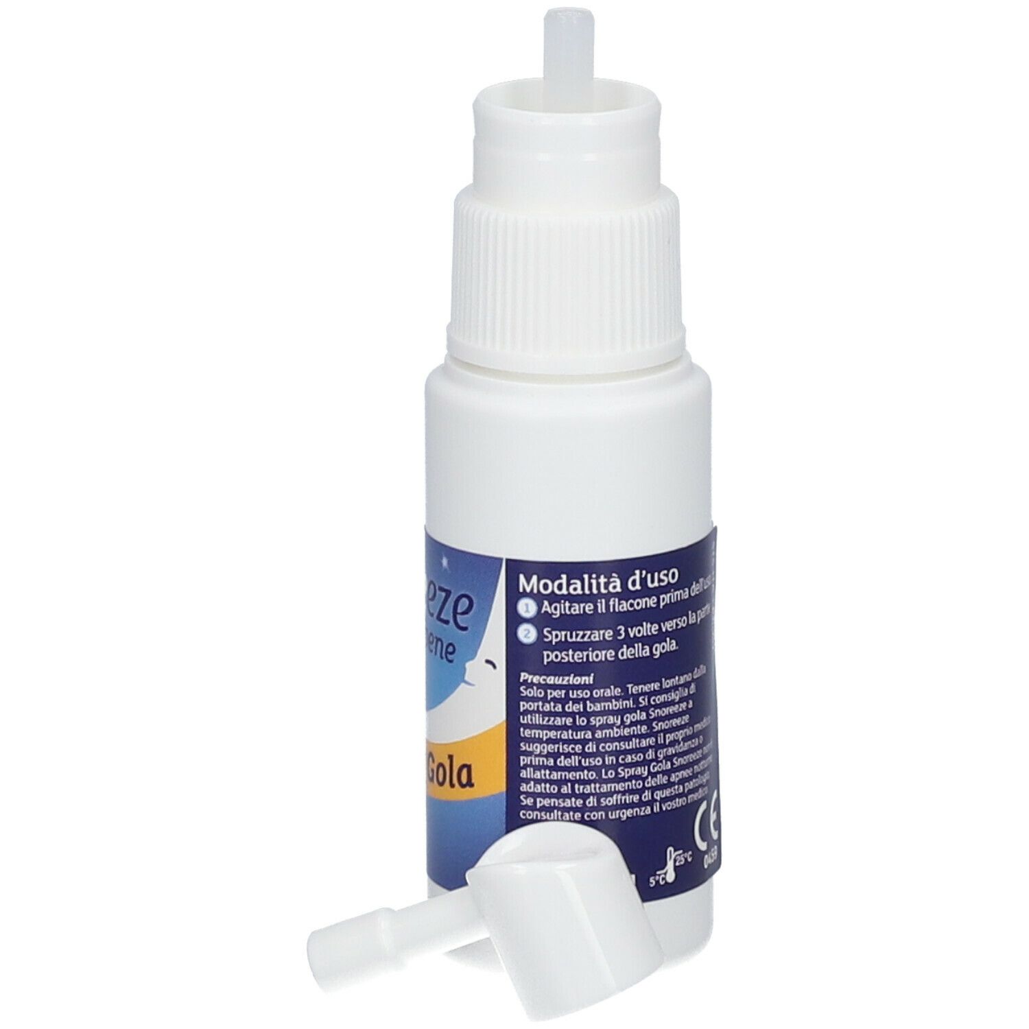 Flacone bianco con nebulizzatore e beccuccio separato. Testo: "snoreeze Dormibene Spray Gola". Istruzioni per l'uso.