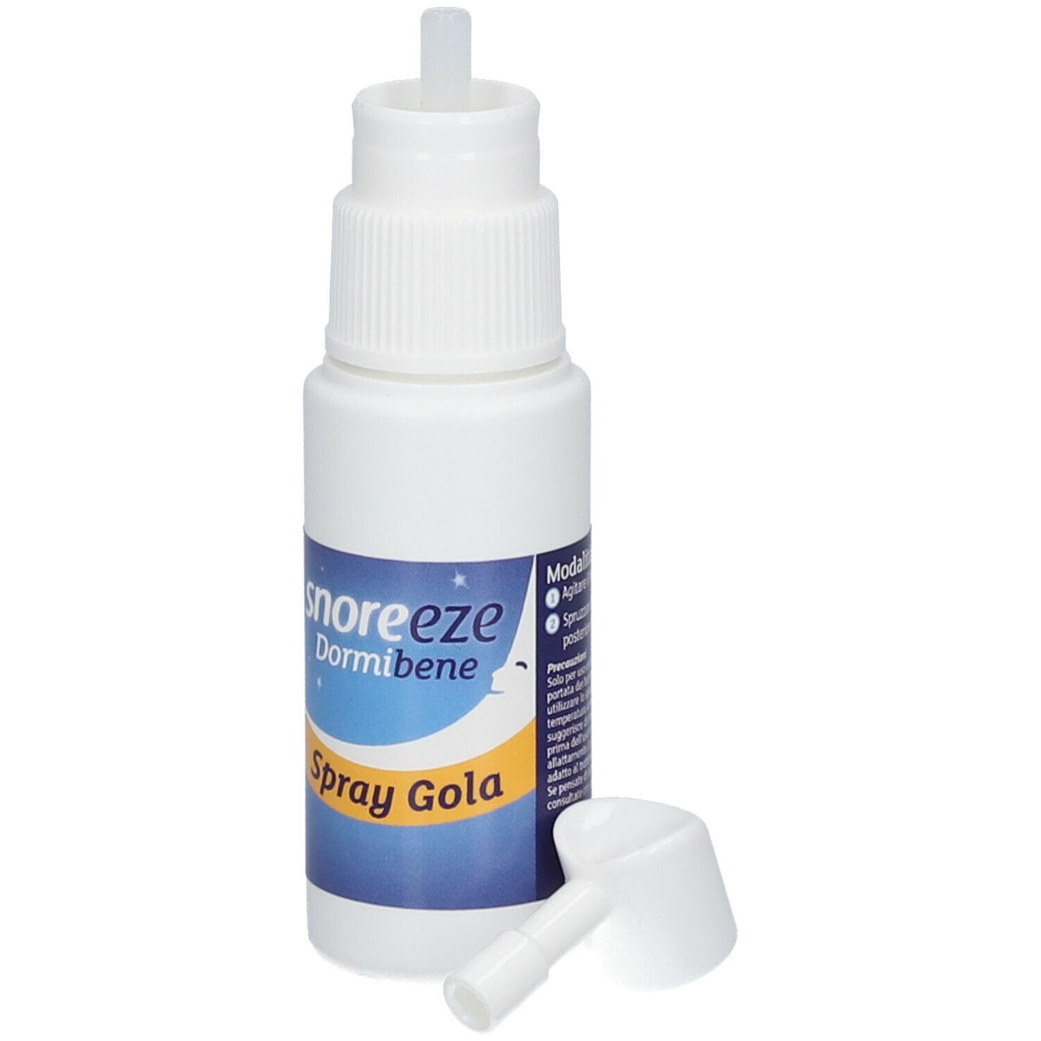 Flacone bianco con nebulizzatore e beccuccio separato. Testo: "snoreeze Dormibene Spray Gola".