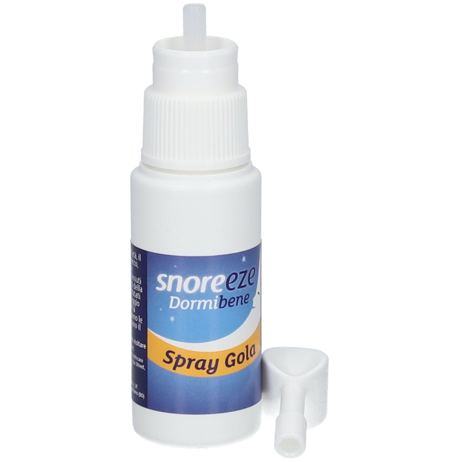 Flacone bianco con nebulizzatore e beccuccio separato. Testo: "snoreeze Dormibene Spray Gola".