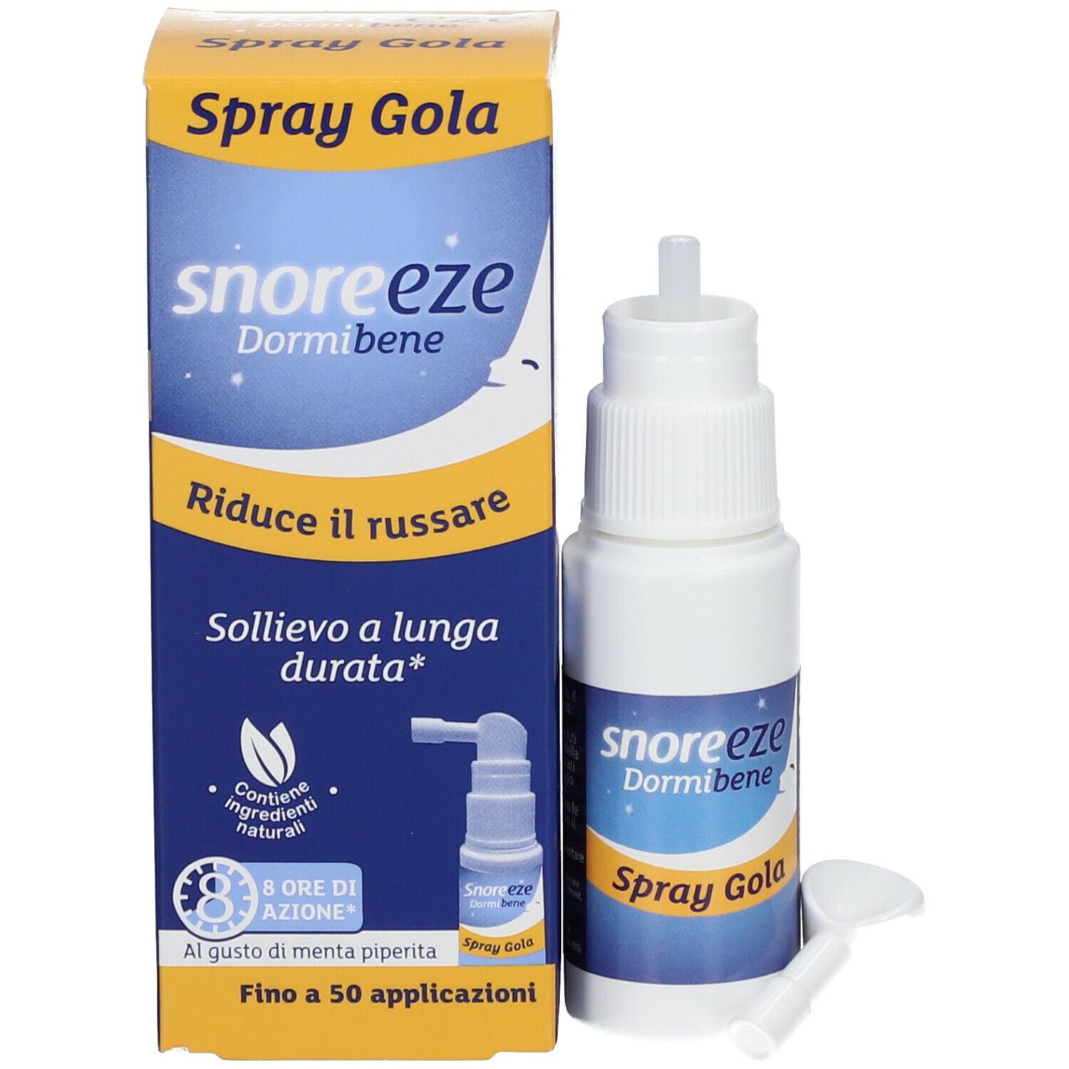 Confezione e flacone. Testo: "snoreeze Dormibene Spray Gola". Riduce il russare. Fino a 50 applicazioni.
