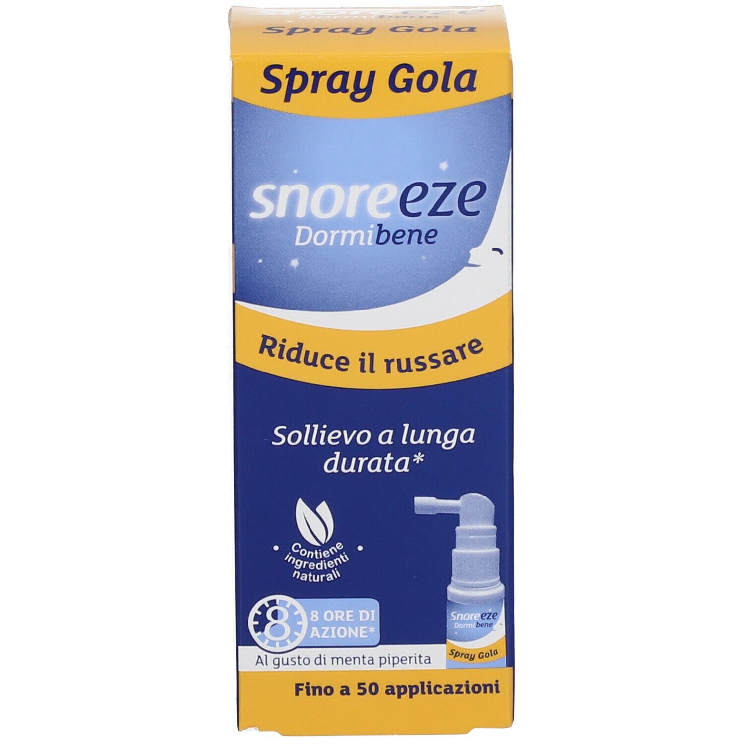Confezione del prodotto. Testo: "snoreeze Dormibene Spray Gola". Riduce il russare. Fino a 50 applicazioni.