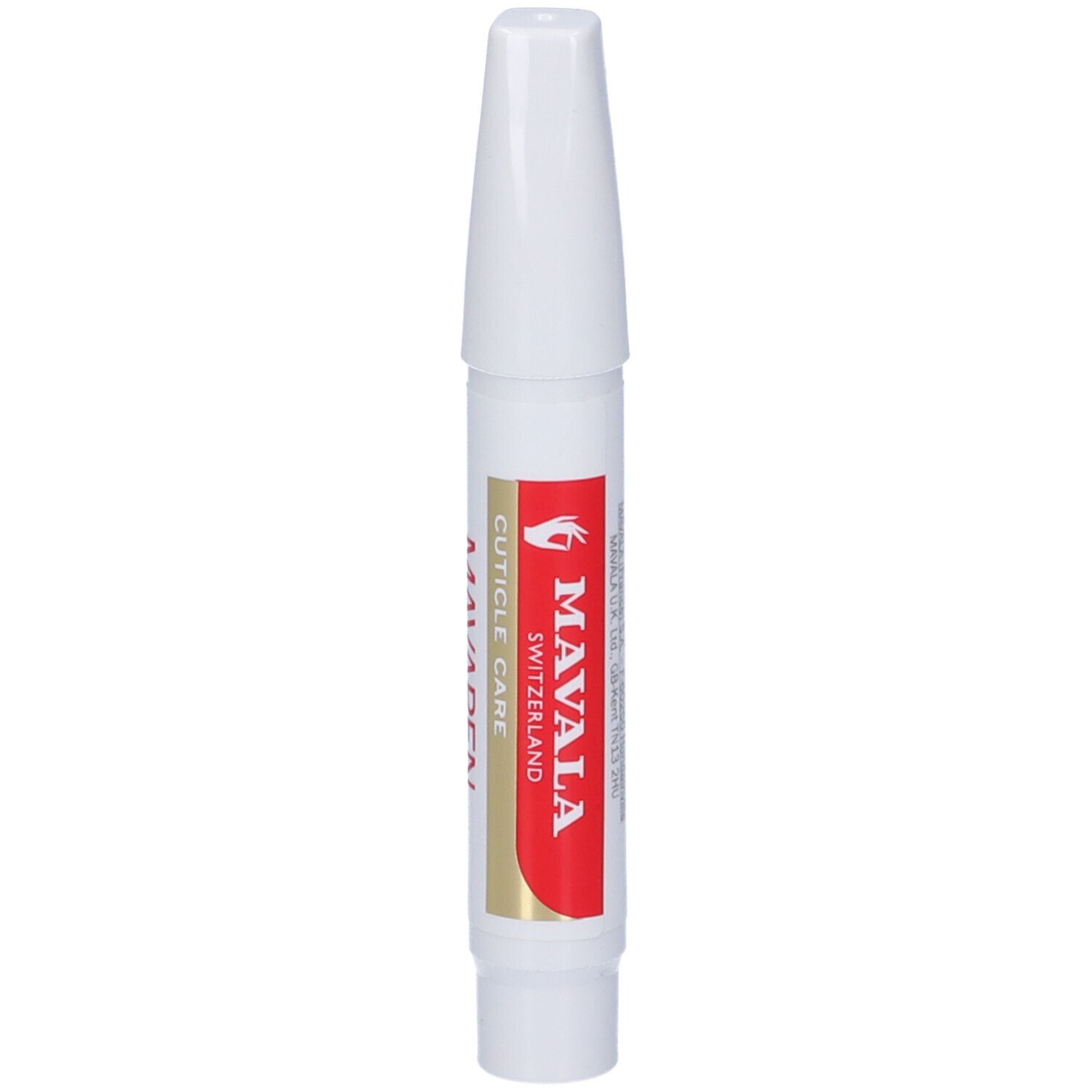 Penna bianca con scritte rosse e oro. Scritta: MAVALA SWITZERLAND, CUTICLE CARE.