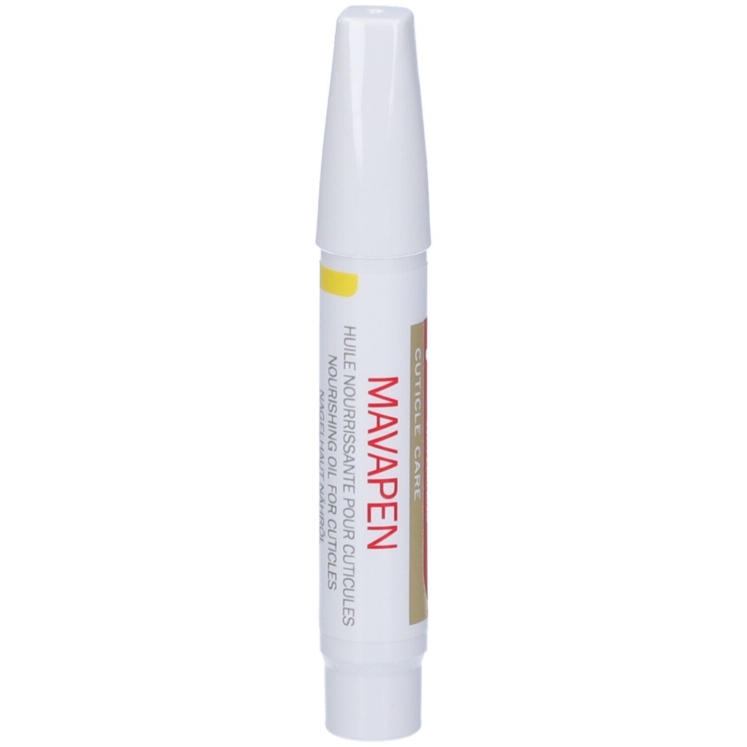 Penna bianca con striscia gialla e scritte rosse e oro. Scritta: MAVAPEN, CUTICLE CARE.