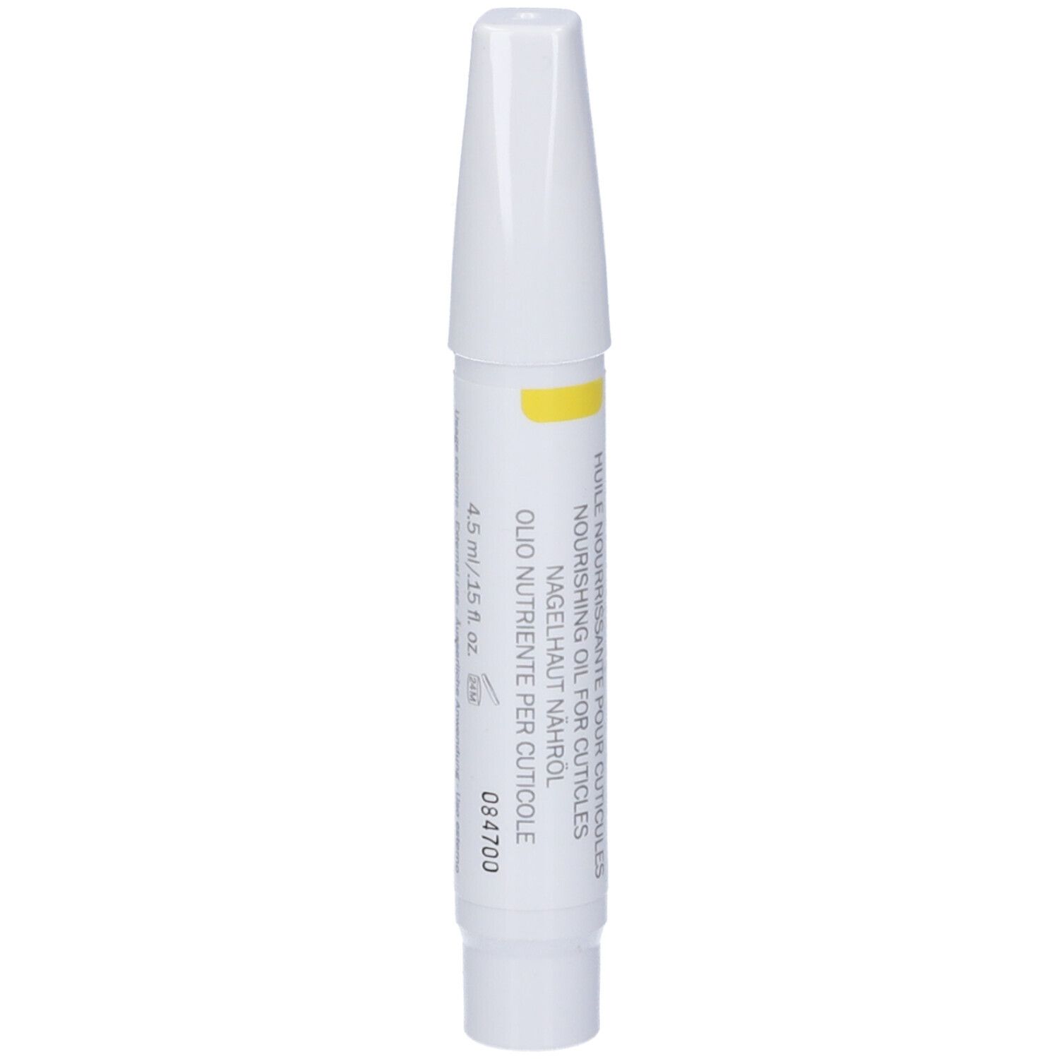 Penna bianca con striscia gialla e testo. Scritta: 4.5 ml / .15 fl. oz. e testo in più lingue.