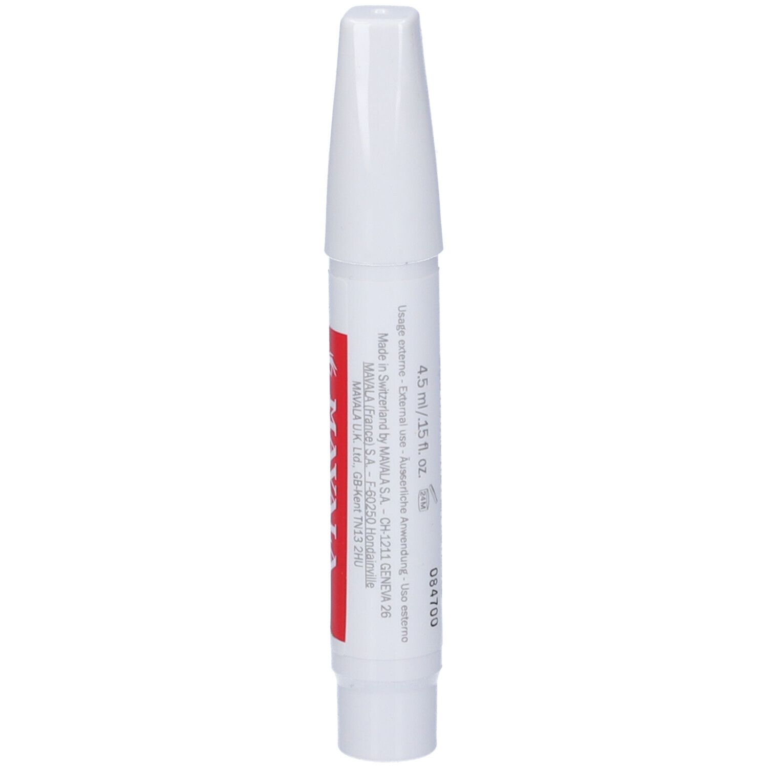 Penna bianca con scritte rosse. Scritta: MAVALA, Made in Switzerland, 4.5 ml / .15 fl. oz.
