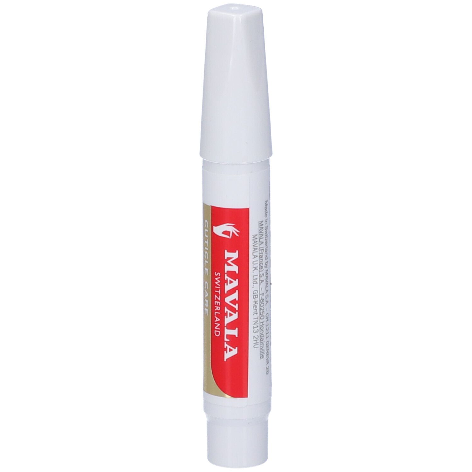 Penna bianca con scritte rosse e oro. Scritta: MAVALA SWITZERLAND, CUTICLE CARE.