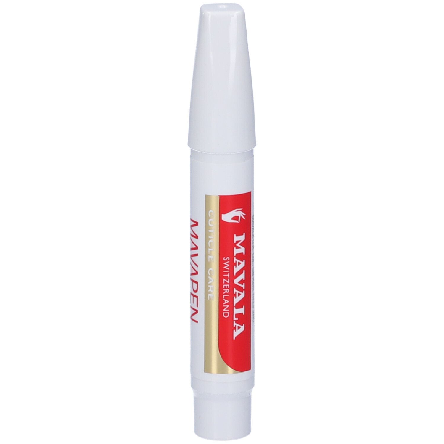 Penna bianca con scritte rosse e oro. Scritta: MAVALA, CUTICLE CARE, MAVAPEN.