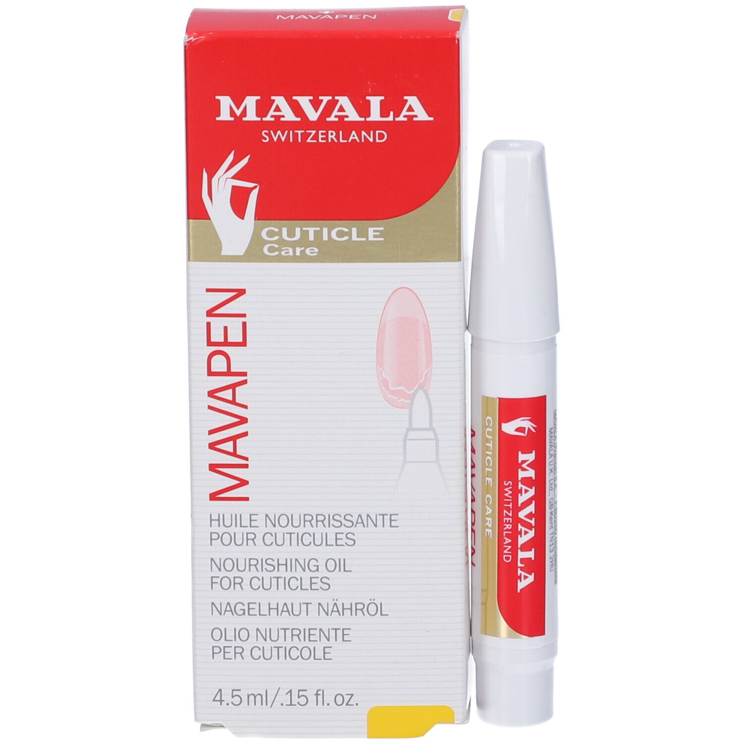 Confezione e penna. Confezione: rosso-oro, scritta: MAVALA, CUTICLE CARE, 4.5 ml / .15 fl. oz. Penna: bianca, rosso-oro.