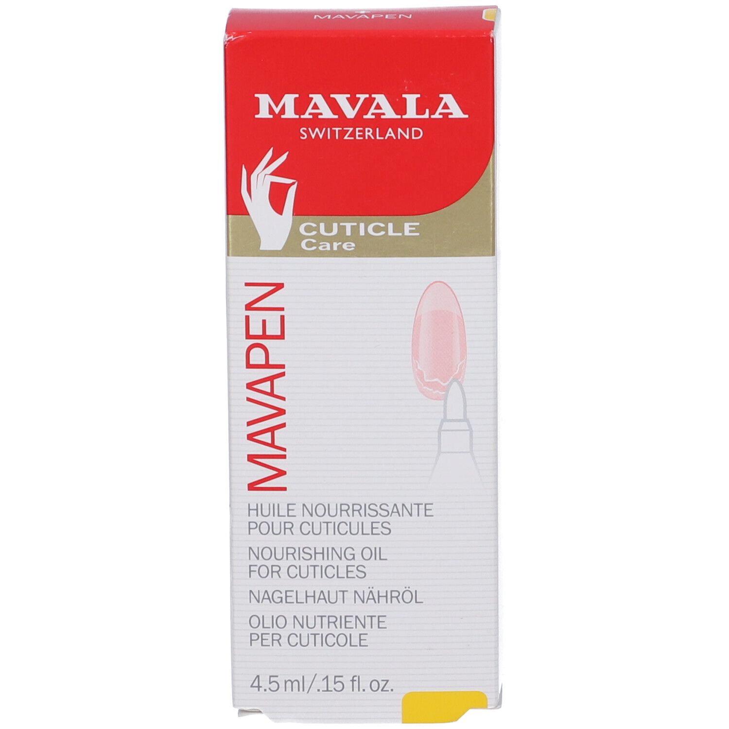 Confezione. Rosso-oro, scritta: MAVALA, CUTICLE CARE, 4.5 ml / .15 fl. oz. Striscia gialla.