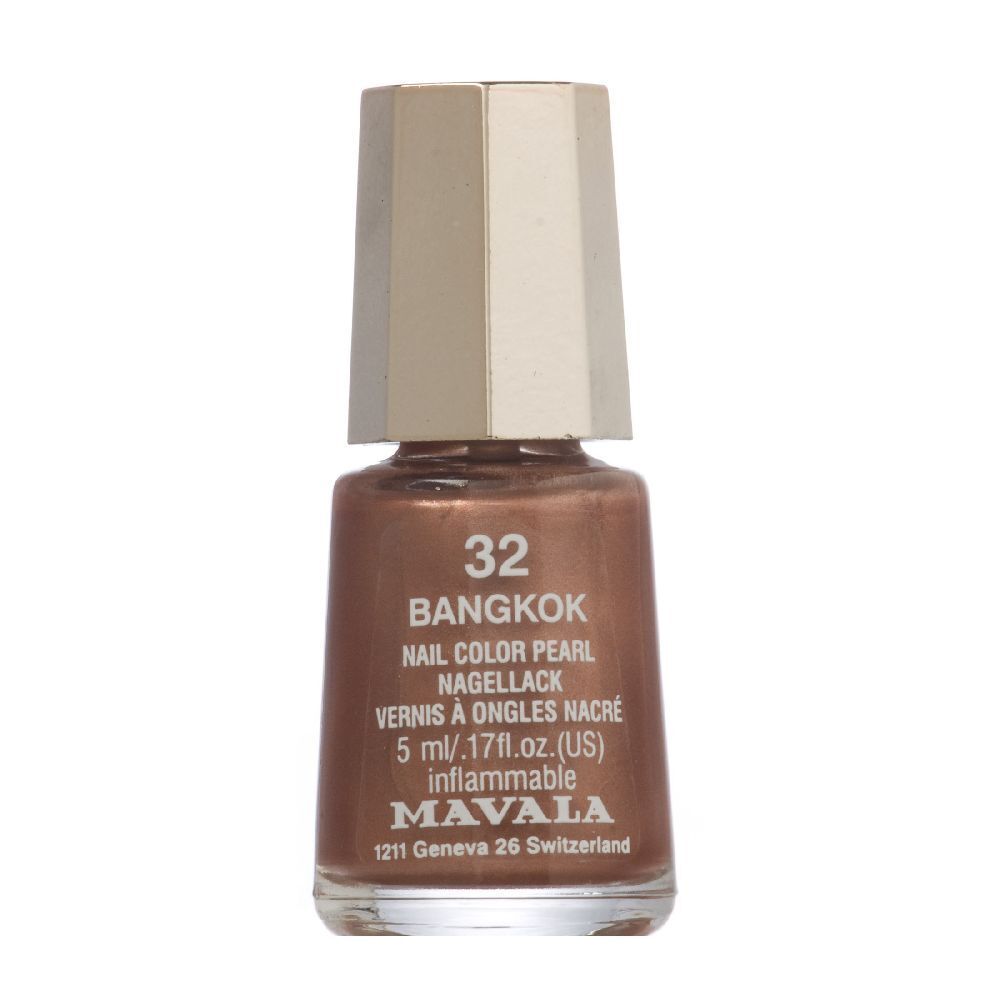 Flacone di smalto marrone con tappo dorato. Scritta: 32 BANGKOK, MAVALA, 5 ml.